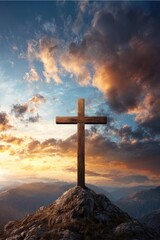 Majestic Wooden Cross Against Dramatic Sky - Symbol of Faith and Tranquility in Divine Sunset Landscape