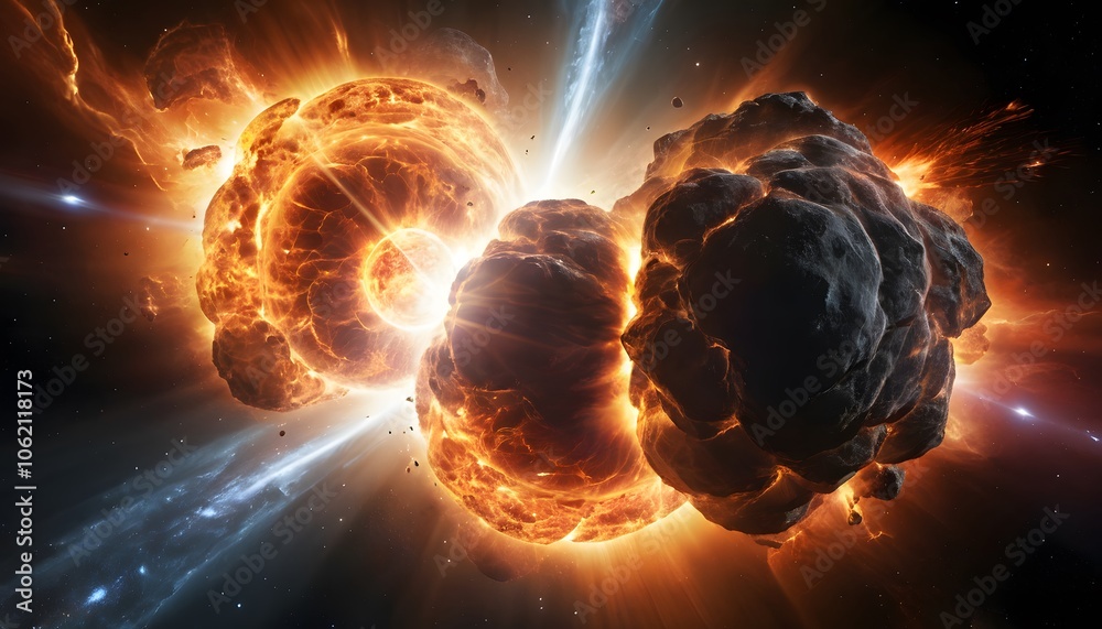 Aufkleber Dynamic Collision of Two Large Glowing Objects Illustrating the Power of Cosmic Events with Explosions and Light Bursts