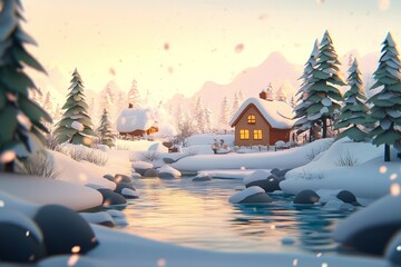 Merry Christmas. 3d Winter holiday landscape cartoon with snowdrifts and snowy fir trees