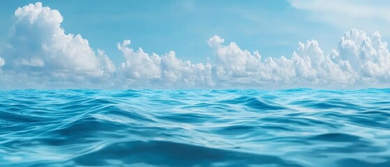 Fototapeta premium A vast expanse of blue water dotted with cloud formations.. A large body of water, primarily blue, with scattered clouds in the sky above