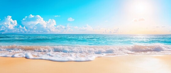 waves approaching shore, bright blue sky with clouds