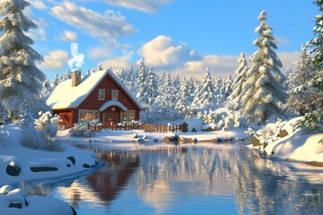Fototapeta premium Merry Christmas. 3d Winter holiday landscape cartoon with snowdrifts and snowy fir trees