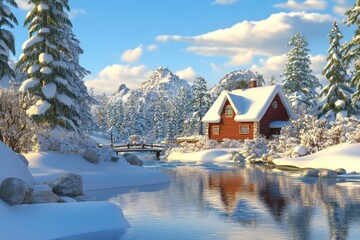 Fototapeta premium Merry Christmas. 3d Winter holiday landscape cartoon with snowdrifts and snowy fir trees