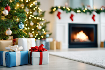 A Christmas tree with a fireplace in the background
