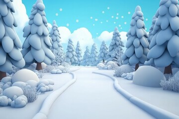 Merry Christmas. 3d Winter holiday landscape cartoon with snowdrifts and snowy fir trees