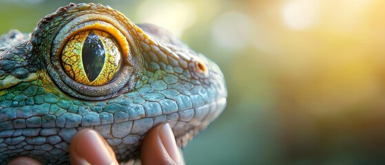 Fototapeta premium A tight shot of a hand cradling a chameleon's body, its eyes fixed on the viewer