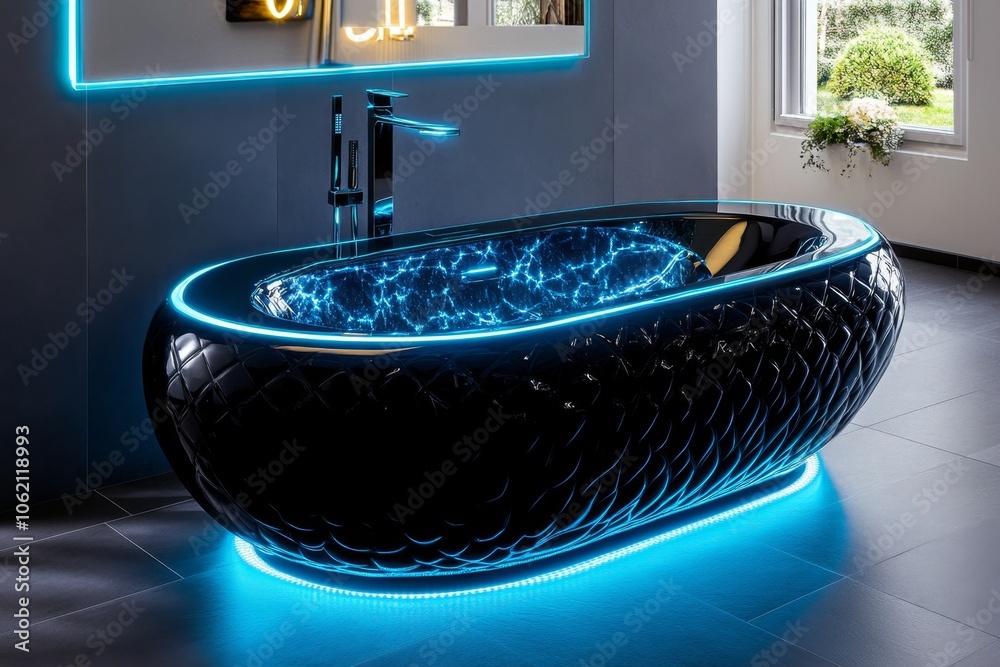 Poster futuristic, self-cleaning drain with neon accents, capturing the advanced design and high-tech aesth
