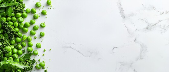  A dozen broccoli florets and an equivalent amount of green beans arranged on a pristine white countertop