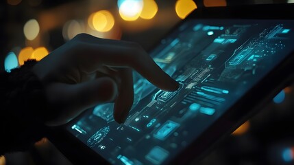 Interactive touchscreen interface displaying complex data analysis in a futuristic workspace at night