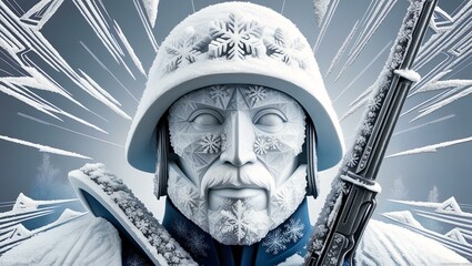 Obraz premium Snowflake Sculpted Frozen Soldier Illustration – Stunning Winter Art of a Frosted Warrior with Intricate Weapon Design for Video Games