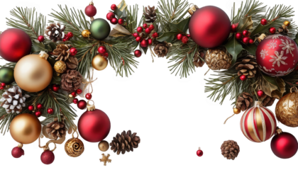 Holiday overlay with Christmas ornaments on a transparent background, including red and gold baubles, pine cones, and holly leaves, arranged playfully and joyfully.