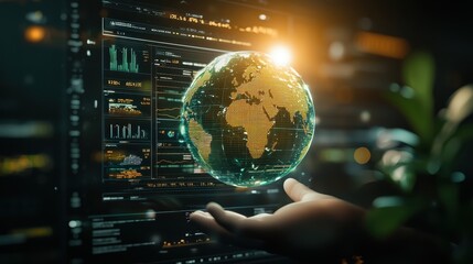 A glowing holographic globe held in a hand, surrounded by digital data and green foliage, symbolizing technology, environmental awareness, and global connection.