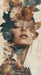 Young woman with floral and foliage patterns overlaying her face and body, showcasing natural beauty and artistry in a vibrant composition