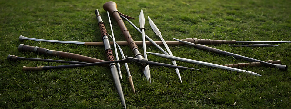 Assortment of Spears and Polearms on a Grass-Like Background with Space for Copy