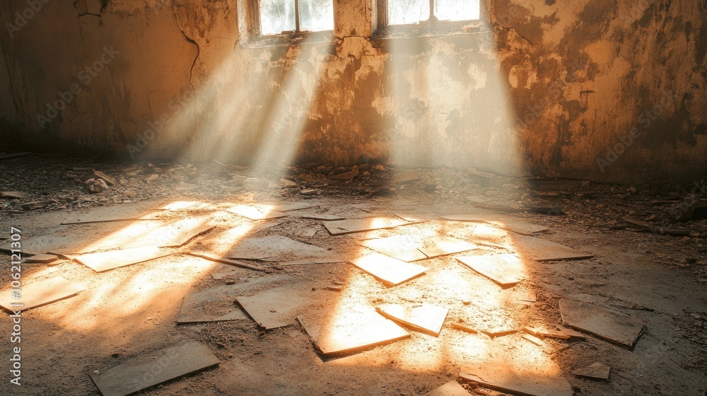 Poster Sunlight illuminating a broken floor and decaying walls in an empty, abandoned building