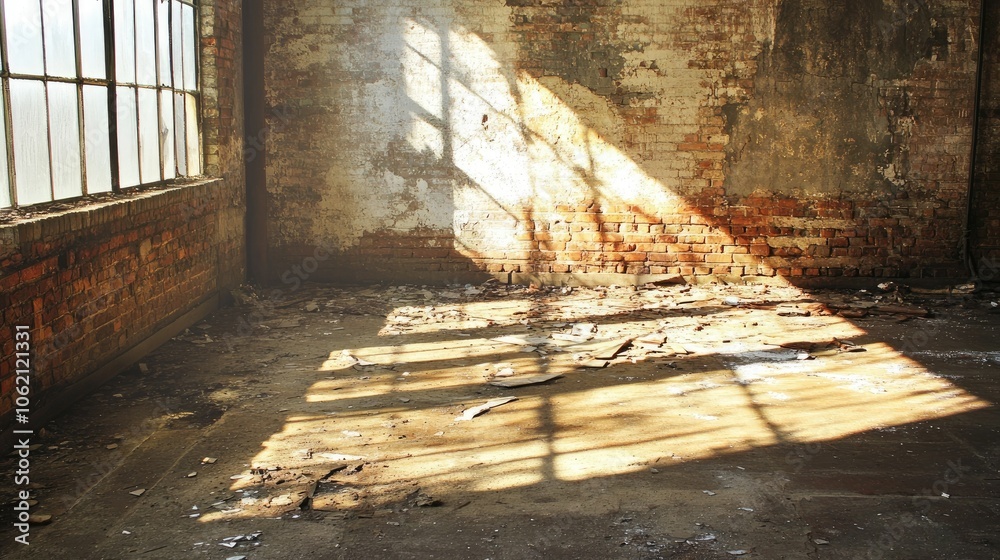 Poster Sunlight illuminating a broken floor and decaying walls in an empty, abandoned building