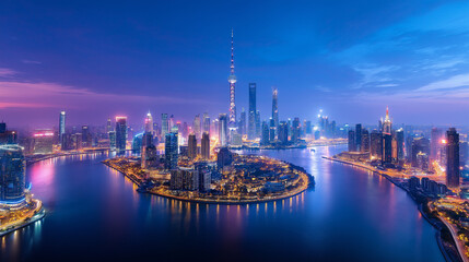 Obraz premium Shanghai Skyline at Dusk: A breathtaking panoramic view of Shanghai's iconic skyline at twilight, showcasing the city's dazzling lights reflected in the tranquil waters.