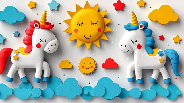 Two vibrant unicorns with red and blue manes stand beside a smiling sun, surrounded by fluffy clouds and playful stars, creating a delightful scene for kids
