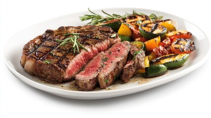 T-bone steak sliced to reveal a juicy medium-rare interior, paired with grilled vegetables for a hearty meal