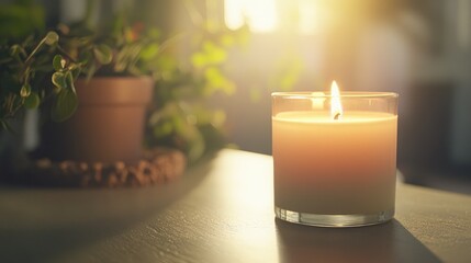 Unlabeled candle on a neutral tabletop, with soft shadows and natural light, perfect for mockups