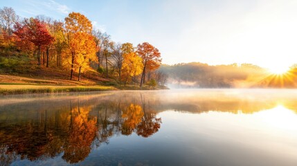 Fototapeta premium A serene sunrise over a misty lake, surrounded by vibrant autumn trees showcasing shades of orange and yellow.