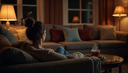Obraz premium A woman with a bun enjoys a cozy evening on the couch, illuminated by the TV glow.