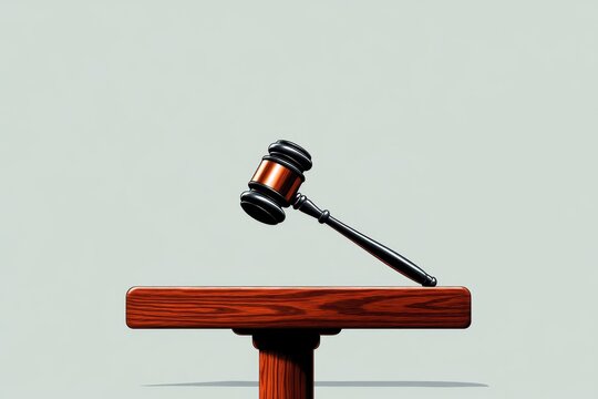 Minimalist depiction of a judgeâ€™s bench with a gavel, capturing the simplicity and formality of legal proceedings, symbolizing authority and structure