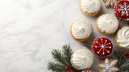 Christmas cupcake on white kitchen counter, with copy space, top view