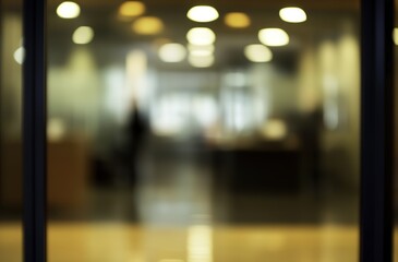 Blurry office space with a modern glass door