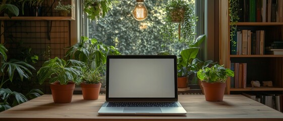 Serene Home Workspace with Laptop on Wooden Table, Greenery, and Soft Light - Tranquil Tech Haven