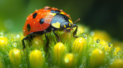Naklejka premium Close-up of a ladybug on vibrant yellow flower buds in a garden after rain