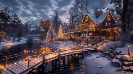 Fototapeta premium cozy winter scene featuring beautifully decorated log cabin adorned with holiday lights, surrounded by snow covered trees and serene river. atmosphere is warm and inviting, perfect for holiday