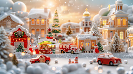 Obraz premium charming 3D scene of Christmas market filled with colorful decorations, snow covered houses, and festive characters. atmosphere is joyful and magical, perfect for holiday season
