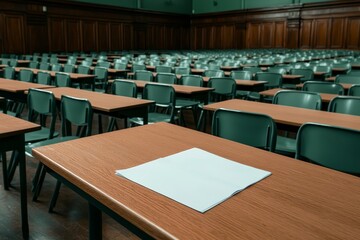 Serene Study Environment Closeup of Wooden Desk with Folded Paper in Empty Classroom, Peaceful and Reflective Atmosphere