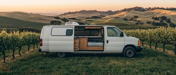 Serene Van Life Adventure in Vineyard Paradise - Tranquil Sunset Camping Concept
