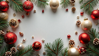 christmas background with baubles and fir branches