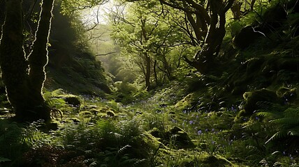 Forest Clearing with Sunlight, Majestic Trees, and Enchanting Serenity
