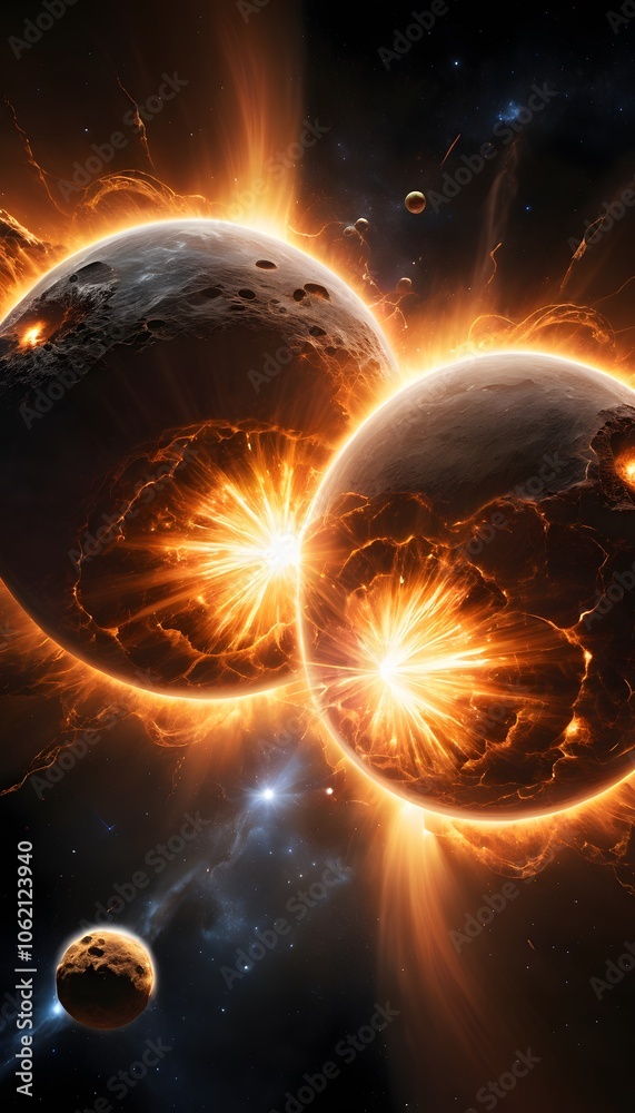 Poster Extraordinary Collision of Two Large Glowing Objects with Explosive Light Bursts in a Cosmic Scene Capturing Dynamic Energy and Motion