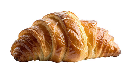 Golden flaky croissant with visible layers, showcased on a transparent background, emphasizing its rich buttery texture and tempting color.