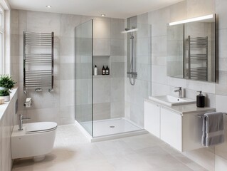 Sleek Chrome Shower Stall in Modern Bathroom - Minimalist Luxury with Diagonal Tile Floor and Recessed Lighting for Spa-like Tranquility