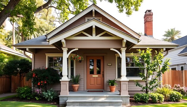 A picturesque Craftsman bungalow wallpaper featuring a low-pitched roof, exposed beams, and a cozy front porch adorned with plants, representing the charm of Pasadena, California.