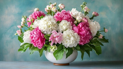 A vibrant floral arrangement of pink and white peonies in a white vase placed on a bright, airy surface.
