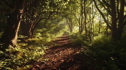 Obraz premium Forest Path Illuminated by Dappled Sunlight in Enchanted Woodland 