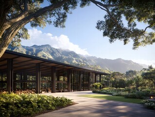 Modern Architecture Harmonizes with Nature in a Serene Mountain Setting Surrounded by Lush Greenery and Open Spaces