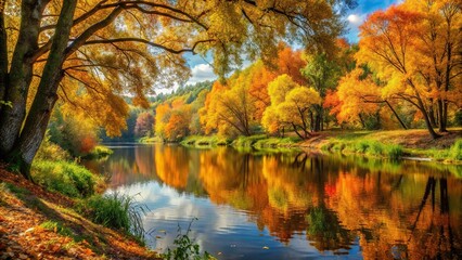 Autumn forest landscape with colorful trees along a river