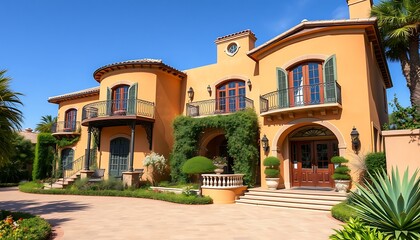 Fototapeta premium A stunning Mediterranean-style home wallpaper showcasing warm stucco walls, wrought iron balconies, and lush landscaping, capturing the essence of the coastal vibes in Santa Barbara, California.
