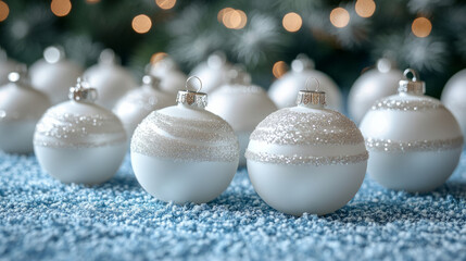 White Christmas ornaments arranged on soft textured fabric during winter season