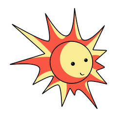 Bright sun in cartoon style. This vector image showcases a cheerful, stylized sun with a friendly face. The sun has large, expressive eyes and a wide smile, exuding warmth and happiness.