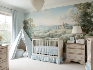 Tranquil Baby Nursery with White Crib, Whimsical Mural, and Soft Blue Accents in Bright, Airy Room - Serene Interior Design for Nursery Decor Ideas