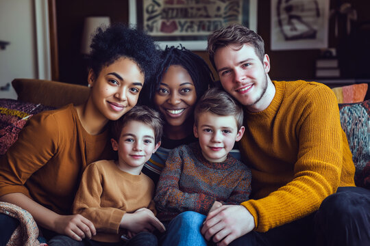 A diverse family with members of different races and gender identities posing for a family portrait in a cozy living room.